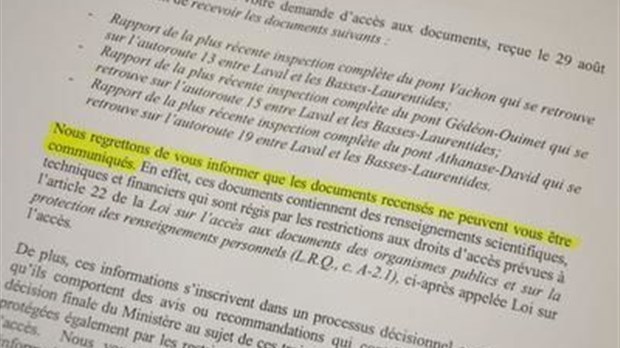 Le MTQ refuse de révéler les rapports d'inspection de trois ponts de la région