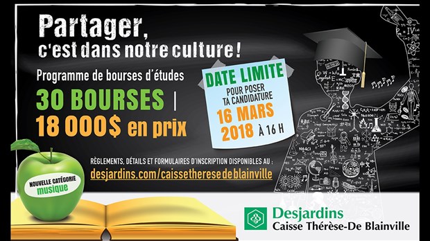 Bourses d’études de la Caisse Desjardins Thérèse-De Blainville:18 000 $ en prix remis au printemps 2018