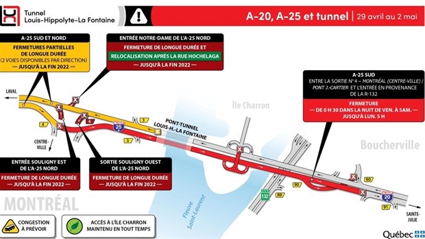 Fermeture complète d’un tronçon de l’autoroute 25 en direction de la Rive-Sud, incluant le tunnel Louis-Hippolyte-La Fontaine