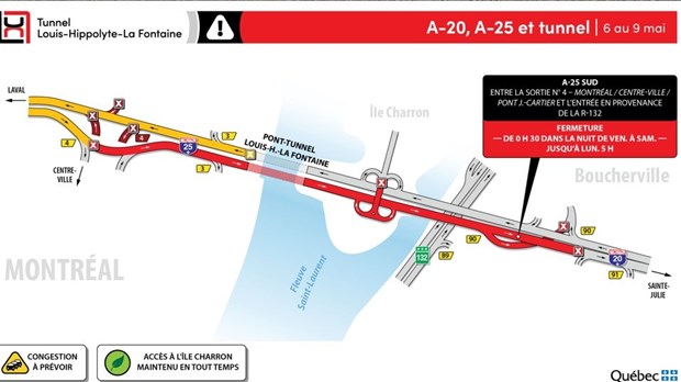 Fermeture complète du tunnel en direction de la Rive-Sud du 6 au 9 mai