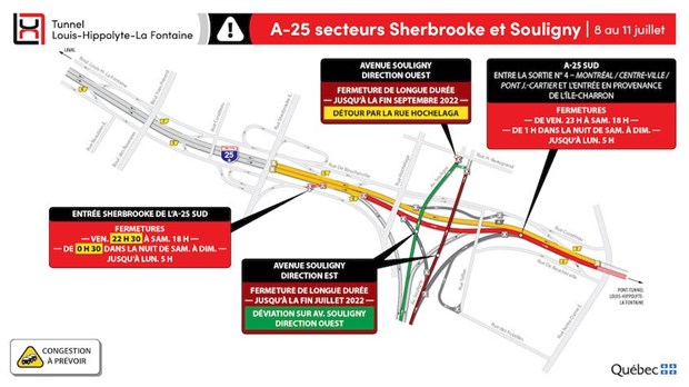 Fermeture complète du tunnel Louis-Hippolyte-La Fontaine, en direction de la Rive-Sud, du 8 au 11 juillet